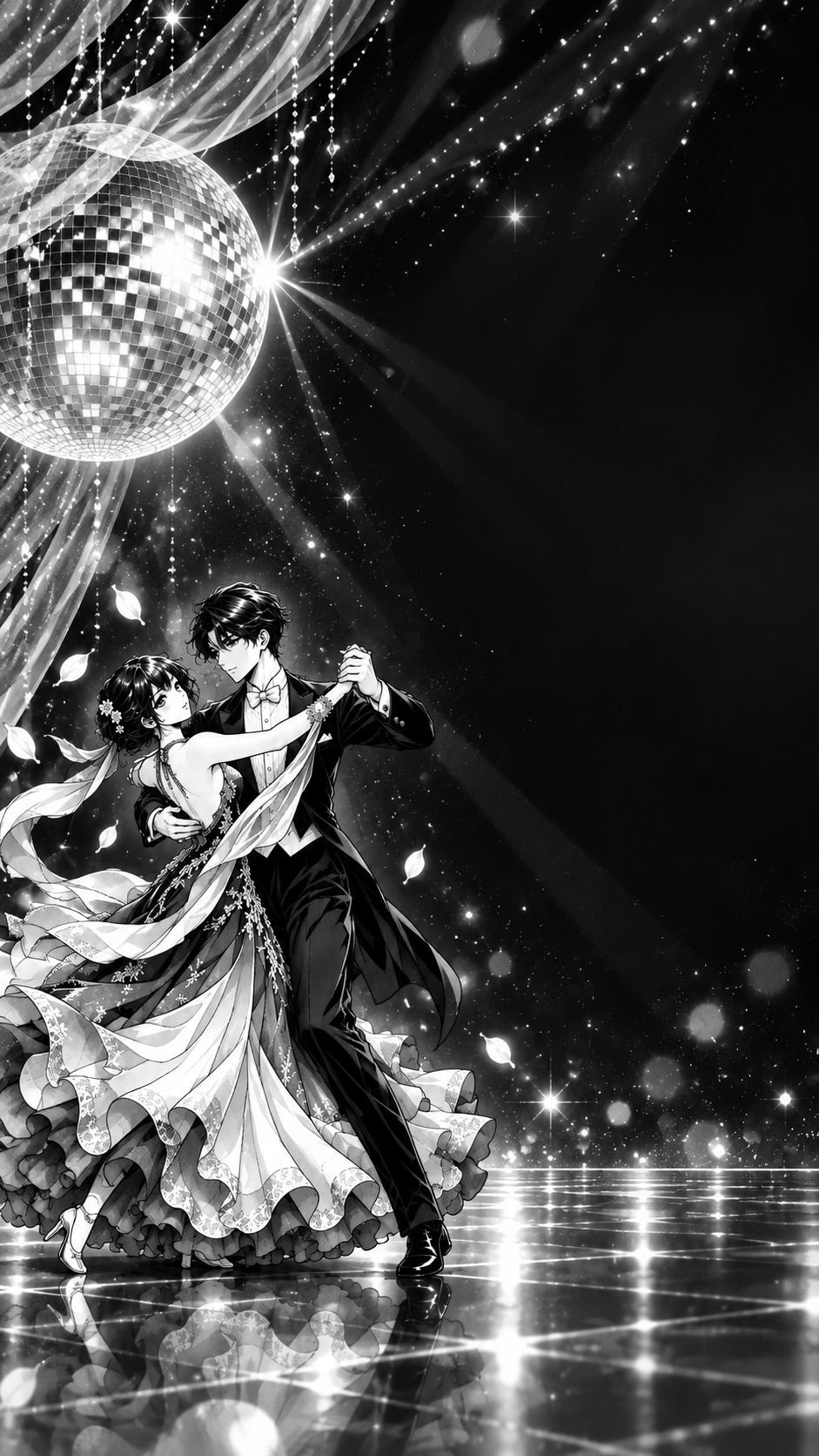 Black and white manga-style ballroom dancers beneath a disco ball